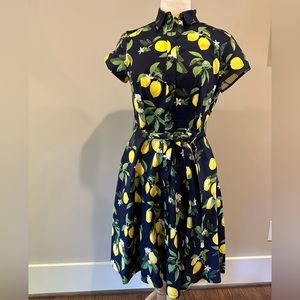 Cap sleeve navy shirt dress size 6. Lemon pattern, excellent condition.